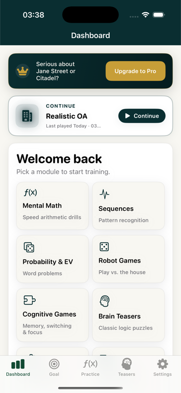 TradeMind app home: Upgrade to Pro banner, Continue card, and training modules
