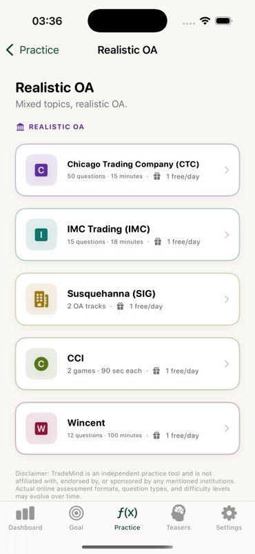 TradeMind app list of firm-format realistic OA simulations