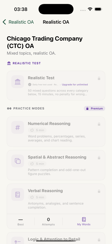 TradeMind app showing today's free realistic run used, with practice modes locked behind Pro