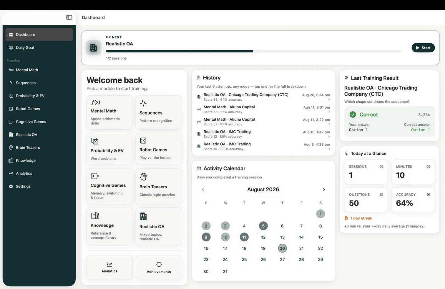 TradeMind on Mac: a sidebar of every module, an Up Next card, recent attempt history, an activity calendar, the last training result, and today's session totals