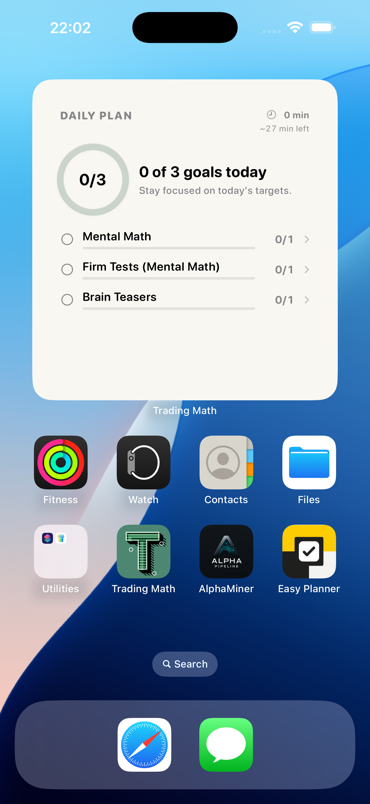 TradeMind Home Screen widget: a 0 of 3 goals ring, minutes left today, and today's checklist of Mental Math, Firm Tests and Brain Teasers