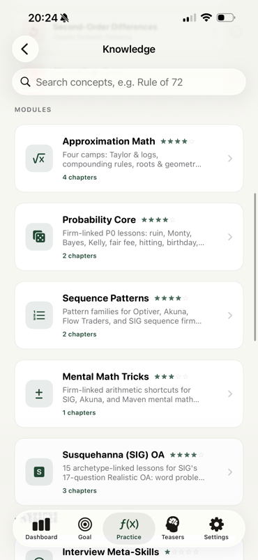 TradeMind Knowledge module list: Approximation Math, Probability Core, Sequence Patterns, Mental Math Tricks, Susquehanna (SIG) OA