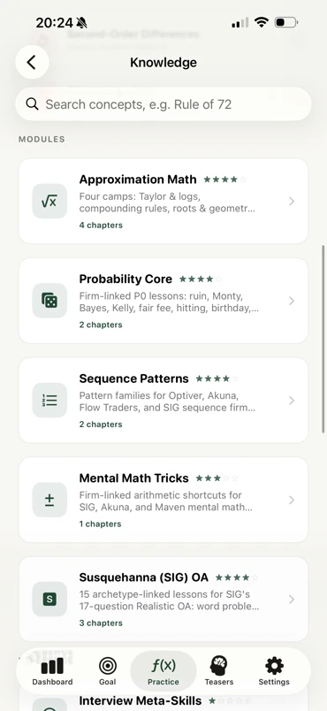 TradeMind Knowledge module list: Approximation Math, Probability Core, Sequence Patterns, Mental Math Tricks, Susquehanna (SIG) OA