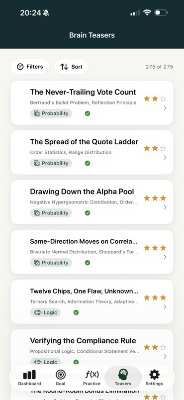 TradeMind brain teaser library showing 275 of 275 puzzles with difficulty stars and topic tags
