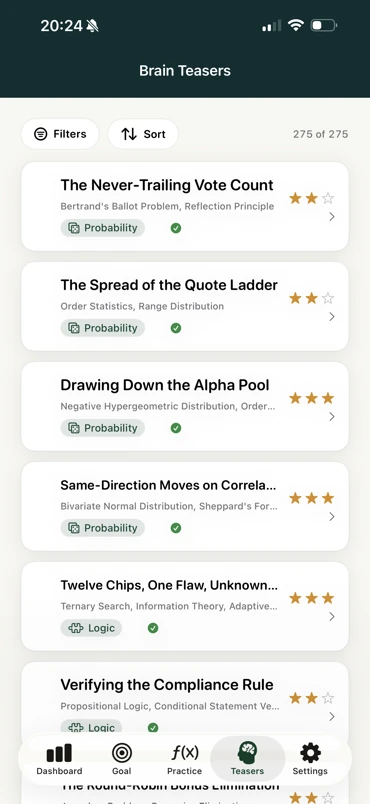 TradeMind brain teaser library showing 275 of 275 puzzles with difficulty stars and topic tags